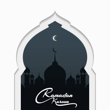 Ramazan Kareem beyaz cami kapı ve şehir görünümü ile tebrik kartı şablonu