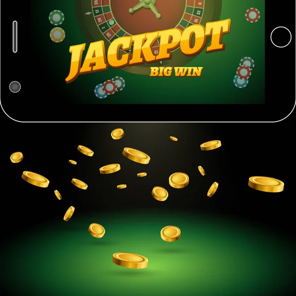 Casino-Hintergrund mit Handy, Roulette, Chips und fallenden Goldmünzen. Vektor Casino Banner mit einer Beschriftung des Jackpots — Stockvektor