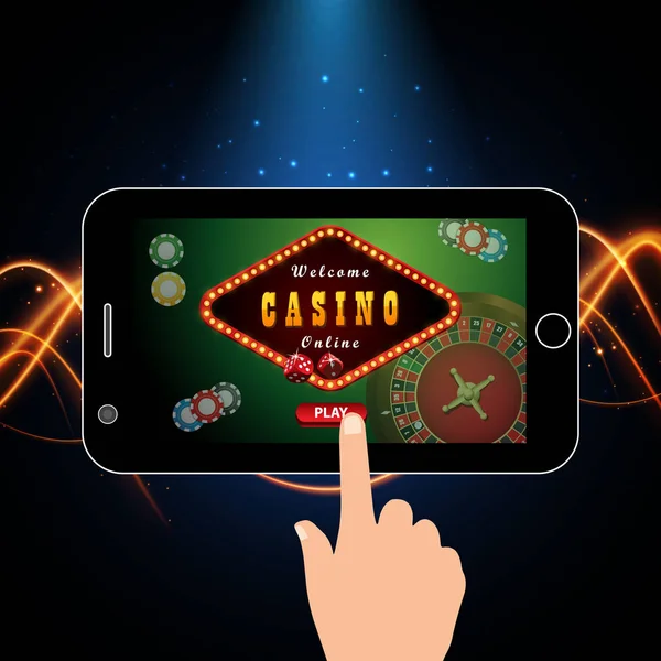 Online casino marketing banner, tik op de knop afspelen. Mobiele telefoon met screenshot van logo met roulette, casino chips. Vector — Stockvector