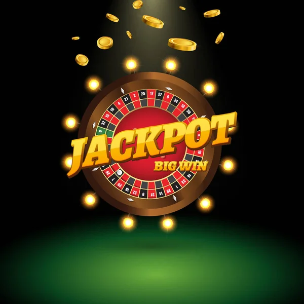 Jackpot banner semn sub formă de ruletă. Vector mare câștig panou pentru cazinou. Semn câștigător sub formă de roată cu monede bani — Vector de stoc