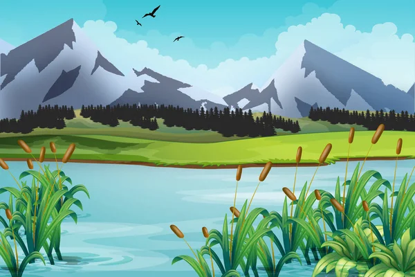 Hegyi táj. Természetes háttér-tó, a rét, a hegyi csúcsok. Vektoros illusztráció a nyár, a vad természet — Stock Vector