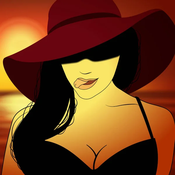 Seksi kadın denizde. Gün batımı arka plan üzerinde şapkalı kız — Stok Vektör
