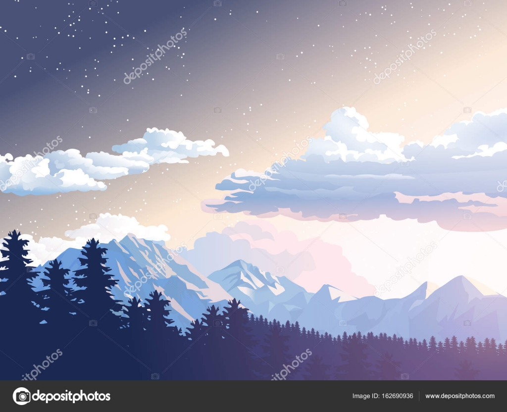 Ilustração vetorial paisagem de montanha. Céu