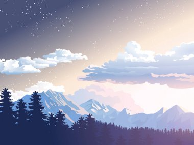 Vektör çizim dağ manzarası. Yıldızlı gece gökyüzü. Ormandaki Dağların üzerinden günbatımı, şafak güneş