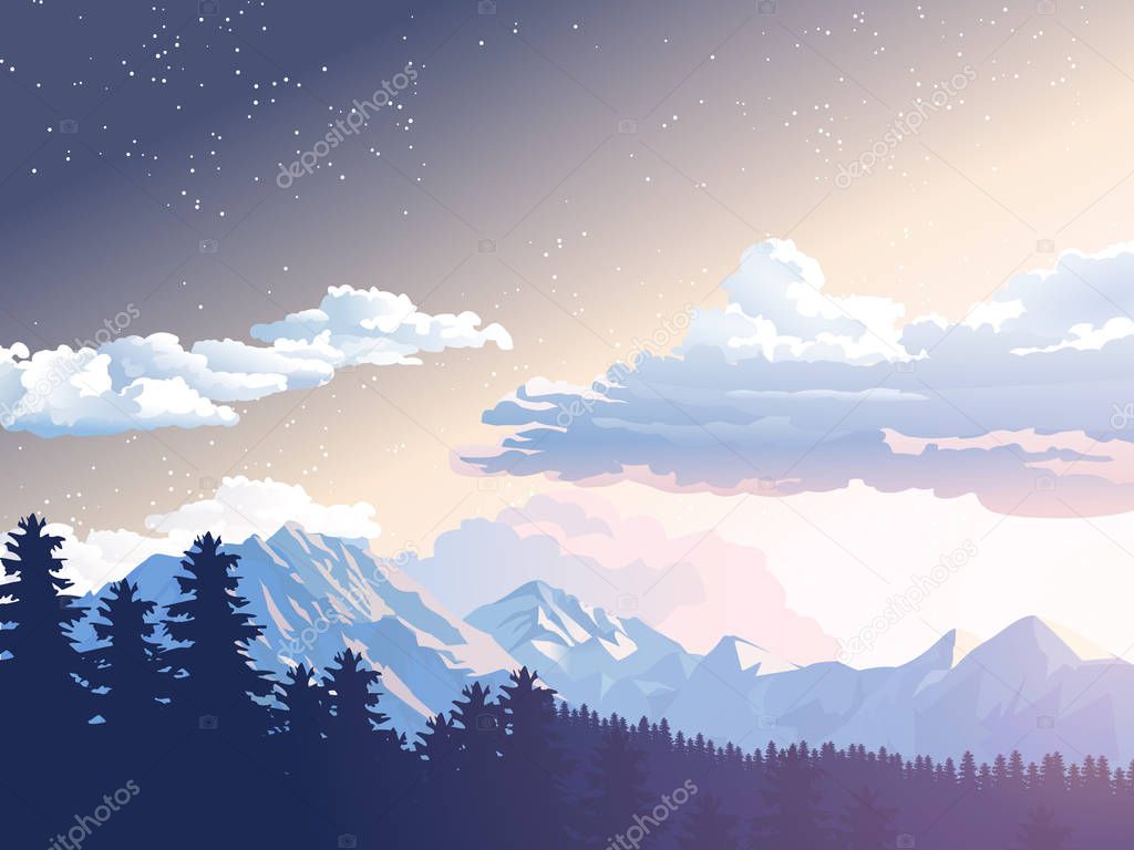 Vector illustration mountain landscape. Starry night sky. Sunset, dawn sun over the mountains in forest