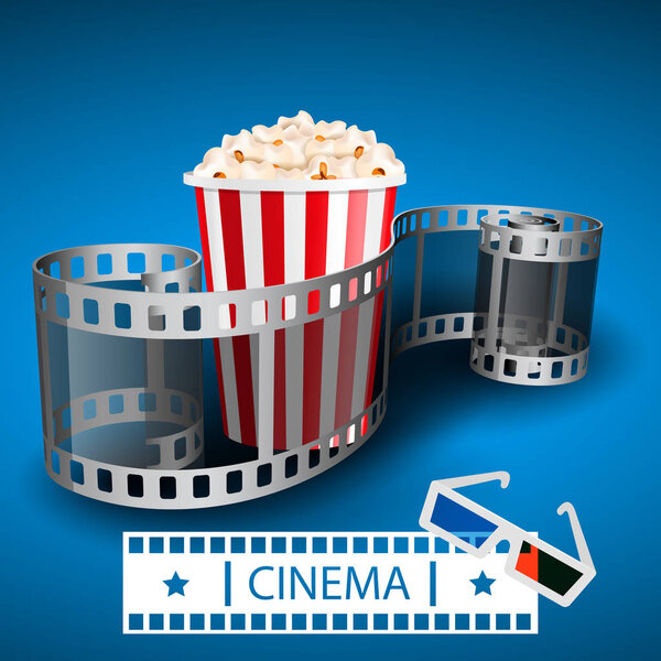 Popcorn for movie theater and online cinema reel on blue background. Paper package full of popcorn and film tape for cinematography. Vector illustration