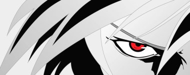 Anime Çizgi film gözleri kırmızı yüzüyle. Anime, manga için Web banner. Vektör çizim