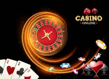 Siyah ateşli tasarım casino rulet, poker fişleri, iskambil ile banner. Vektör çizim tekerlek servet Casino