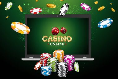 Online casino poster. Modern dizüstü bilgisayar kavramı. Vektör çizim ikramiye reklam kavramı.