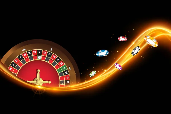 Spanduk kasino dengan roulette, keripik poker. Vektor menggambarkan keberuntungan roda di kasino - Stok Vektor