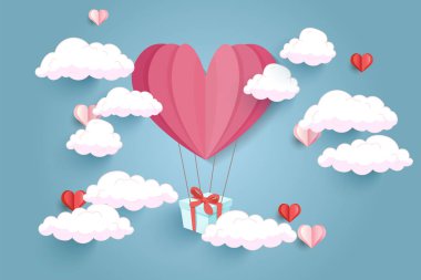 Aşk, Sevgililer günü ve kadın gün vektör tasarımı. Balon kalp şekli gökyüzü hediye kutusu float asmak. Kağıt sanat tarzı