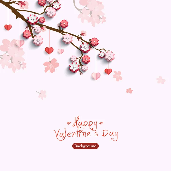 装飾的な紙の心と桜の枝にピンク色の花のバレンタイン カード。ベクトル図の愛の創造的なコンセプト — ストックベクタ