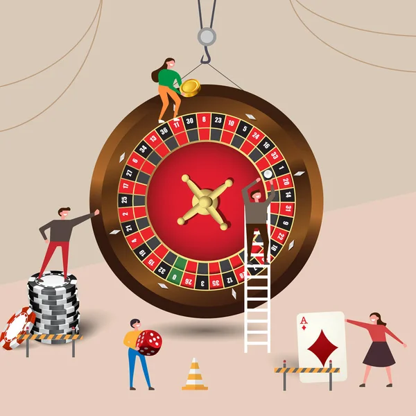 Charakter malých lidí postaven ruleta kasino, opotřebení čipy, kostky, hrací karty. Vektorové ilustrace plochý design — Stockový vektor