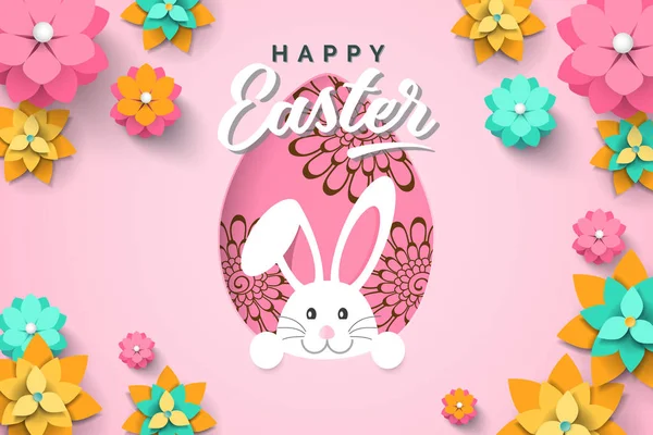 紙でイースター カードは、ピンクの背景に春の花と卵形状フレームをカットしました。ベクトル図のイースターのウサギ — ストックベクタ