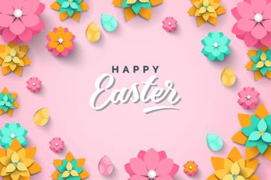 Paskalya kartı ile kağıt kesme bahar çiçek, pembe arka plan. Vektör çizim Paskalya yumurtaları ile