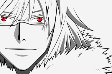 Anime Çizgi film üzerinden bardaklarda kırmızı gözleri yüzle. Anime, manga beyaz arka plan üzerinde için Web banner. Vektör çizim