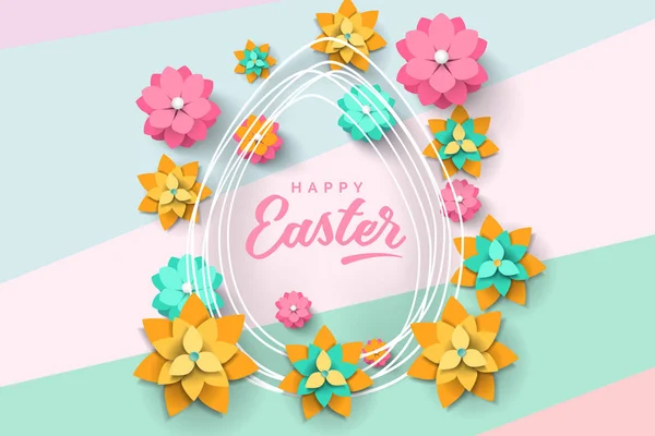 Húsvéti tojás alakú keret és a papír vágott virágok-a modern háttér kártya. Vektoros illusztráció — Stock Vector