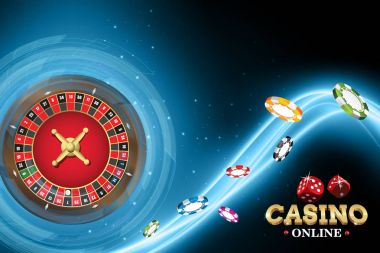 Rulet ve poker fişleri ile Casino banner tasarımı. Vektör çizim tekerlek servet Casino mavi neon arka plan üzerinde