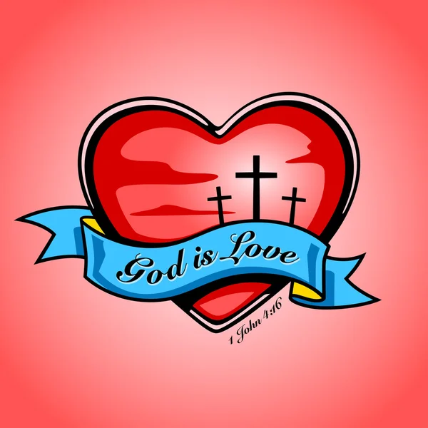 Dios es Amor con corazón, cruz y estandarte. Diseño vectorial . — Archivo Imágenes Vectoriales