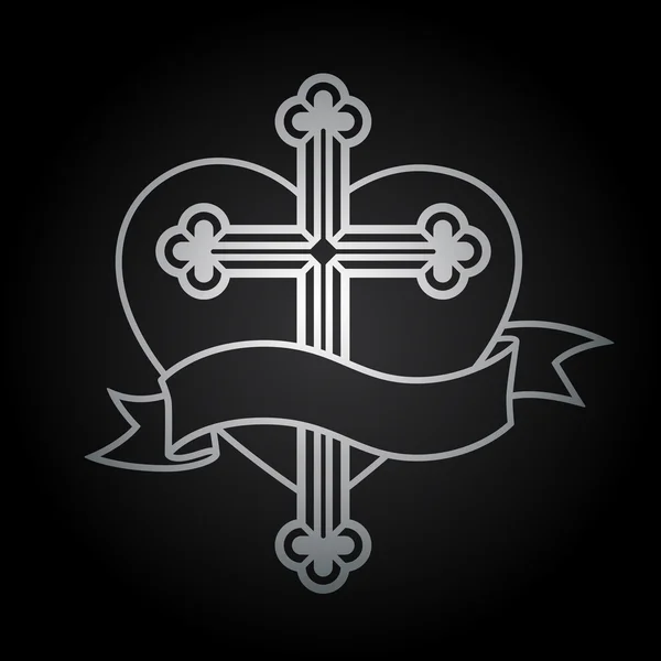 Срібне релігійне хрест розп'яття з серцем і прапором на чорному . — стоковий вектор