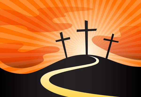 Sylwetka chrześcijańskich krucyfiks krzyż symbol na wzgórzu z promieni słonecznych. — Wektor stockowy