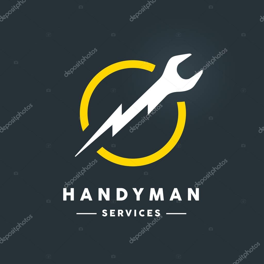 Concept handyman services logo with white abstract spanner flash tool in yellow circle icon on dark cool grey background. Vector illustration.