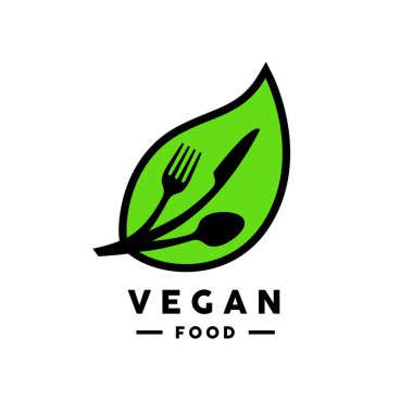 Vegan gıda logo yaprak, çatal, bıçak ve kaşık simgesi olan. 