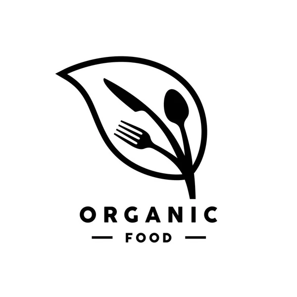 Logo de comida ecológica con hoja, tenedor, cuchillo e icono de cuchara — Vector de stock