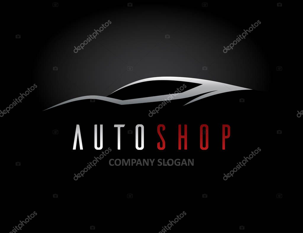 Auto car dealer logo design with concept sports vehicle icon silhouette on black background. Vector illustration.