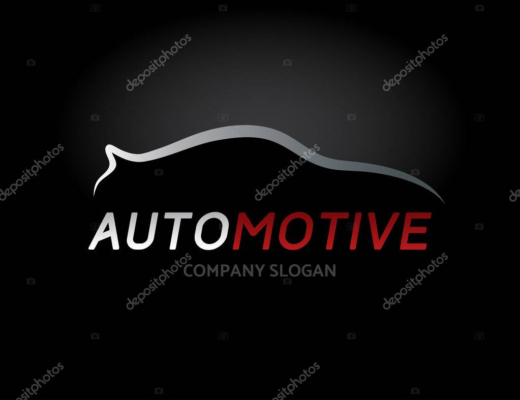 Automotive car logo design with concept sports vehicle icon silhouette on black background. Vector illustration.