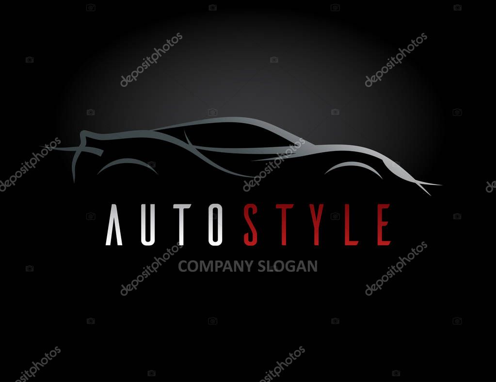 Auto style car logo design with abstract concept sports vehicle icon silhouette on black background. Vector illustration.
