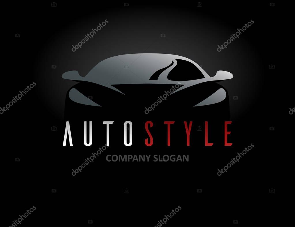 Auto style car logo design with concept sports vehicle icon silhouette on black background. Vector illustration.