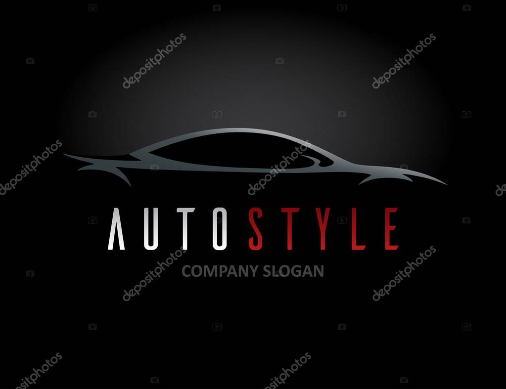 Auto style car logo design with concept sports vehicle icon silhouette on black background. Vector illustration.