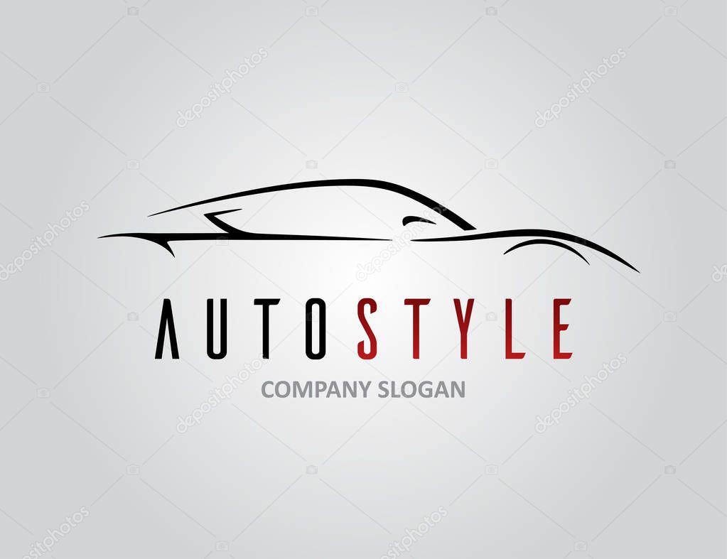 Auto style car logo design with concept sports vehicle icon silhouette on light grey background. Vector illustration.