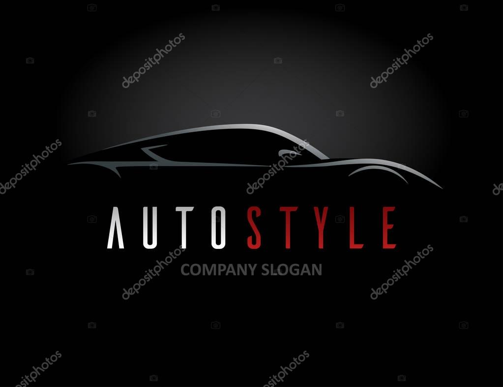 Auto style car logo design with concept sports vehicle icon silhouette on black background. Vector illustration.