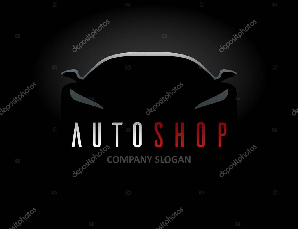 Auto shop car logo design with concept sports vehicle icon silhouette on black background. Vector illustration.