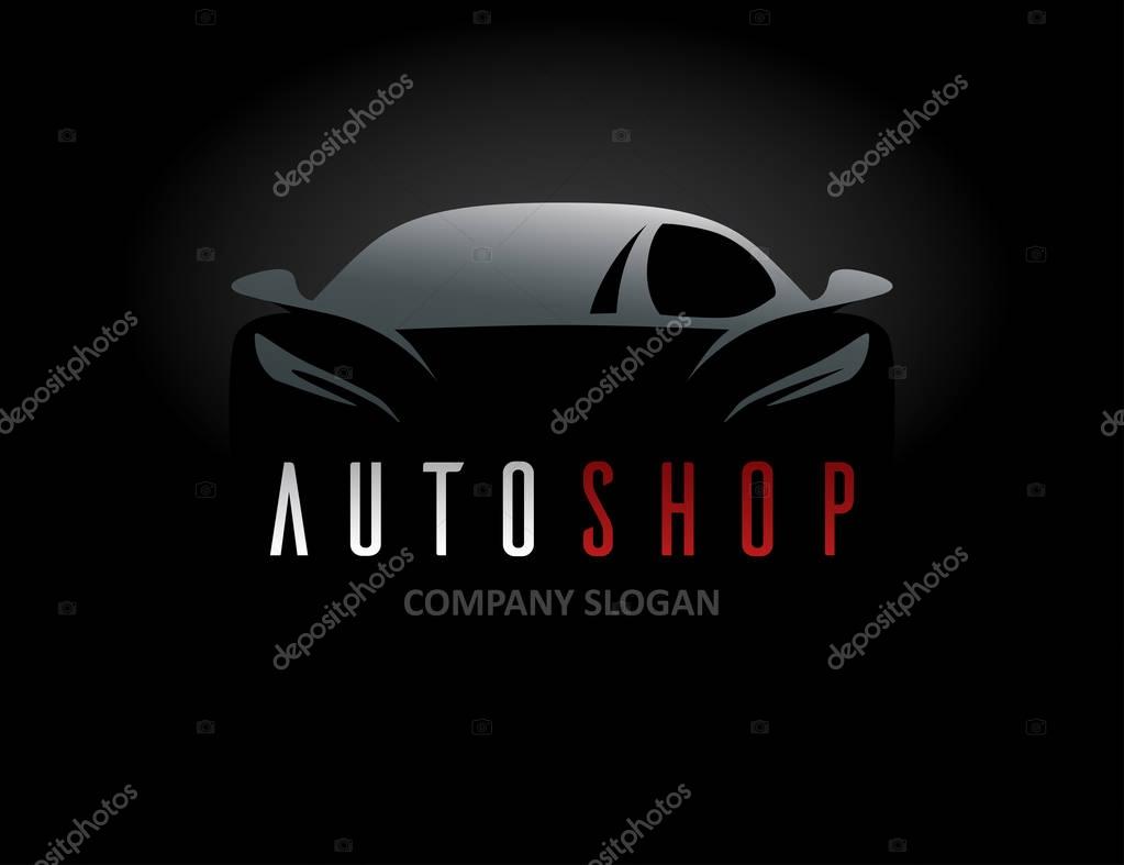 Auto shop car logo design with concept sports vehicle icon silhouette on black background. Vector illustration.