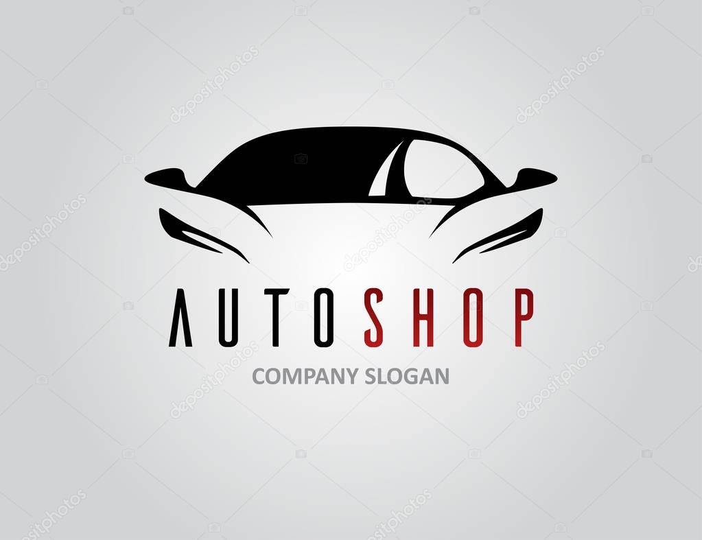Auto shop car logo design with concept sports vehicle icon silhouette on light grey background. Vector illustration.