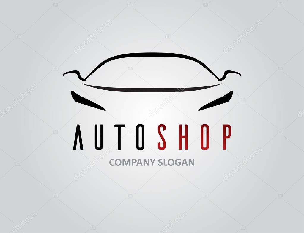 Auto shop car logo design with concept sports vehicle icon silhouette on light grey background. Vector illustration.