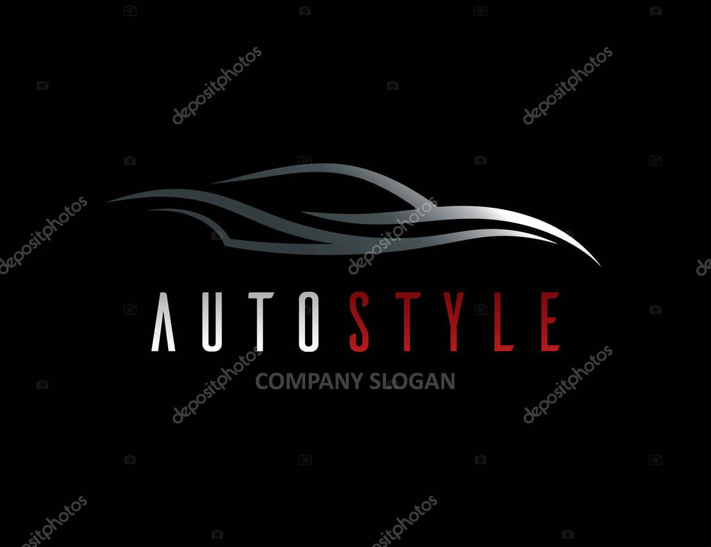 Automotive car logo design with abstract sports vehicle icon silhouette on black background. Vector illustration.