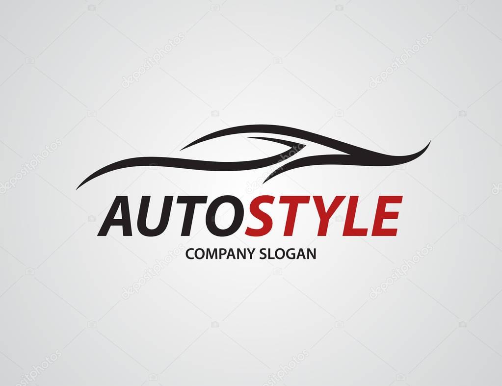 Automotive car logo design with abstract sports vehicle silhouette icon isolated on light grey background. Vector illustration.