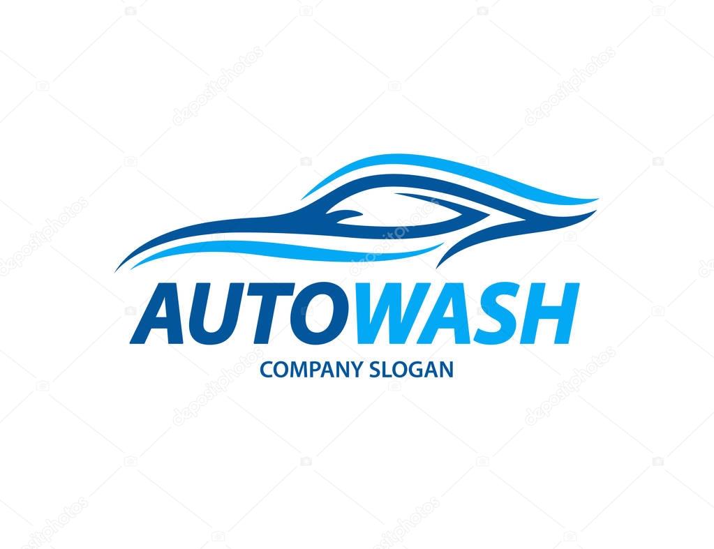 Automotive car wash logo design with abstract blue sports vehicle silhouette icon isolated on white background. Vector illustration.