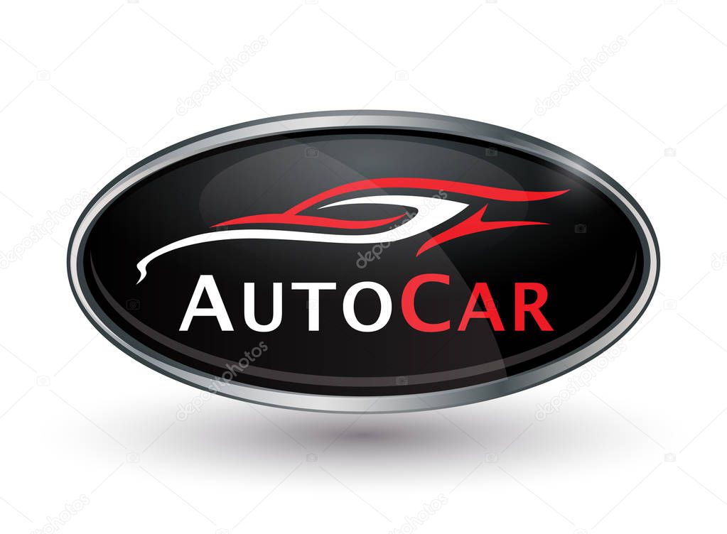 Abstract vehicle logo of chrome badge with sports car silhouette