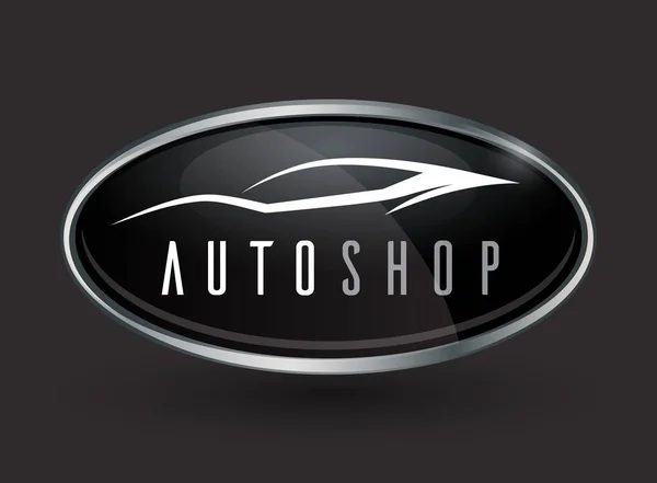 Koncepcja pojazdu logo chromowana plakietka z sylwetka samochodu sportowego — Wektor stockowy