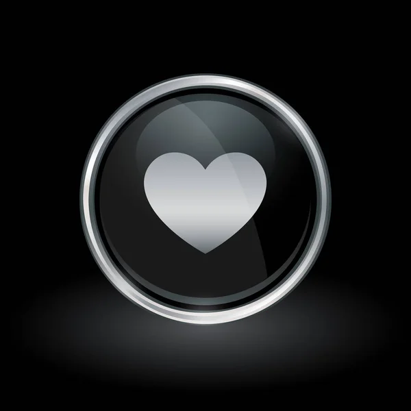 Icono de forma de corazón dentro de plata redonda y emblema negro — Archivo Imágenes Vectoriales