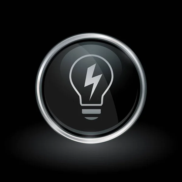 Icono de energía eléctrica bombilla dentro de plata redonda y emblema negro — Vector de stock