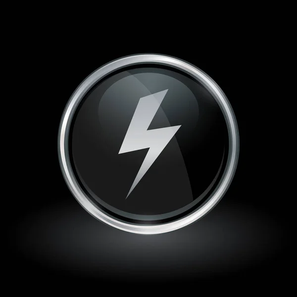 銀と黒の丸いエンブレム内電気ボルト ストライク アイコン — ストックベクタ