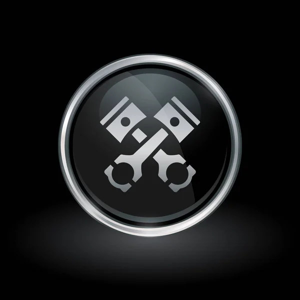 Pistones y conrods icono dentro de plata redonda y emblema negro Ilustraciones De Stock Sin Royalties Gratis