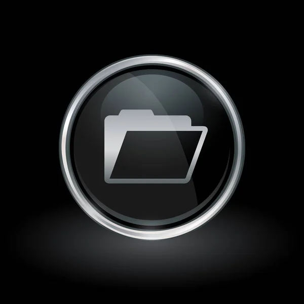 Ikona složky dokumentů uvnitř kulaté stříbrné a černé emblém — Stockový vektor