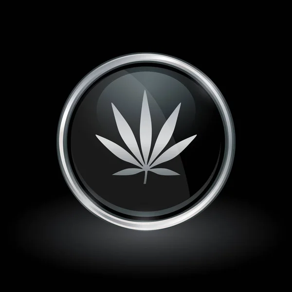 Icono de hoja de marihuana dentro de plata redonda y emblema negro — Vector de stock